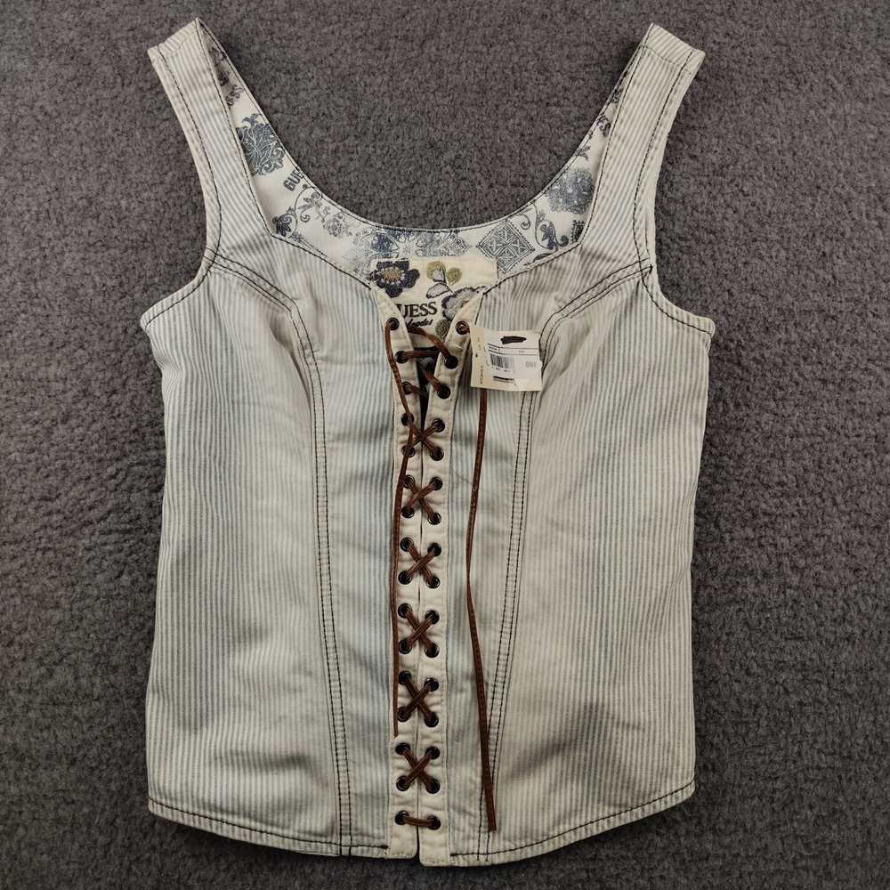 VTG Guess Corset Top Sz Small Pinstripe Blue White Lace Up Renaissance NWT